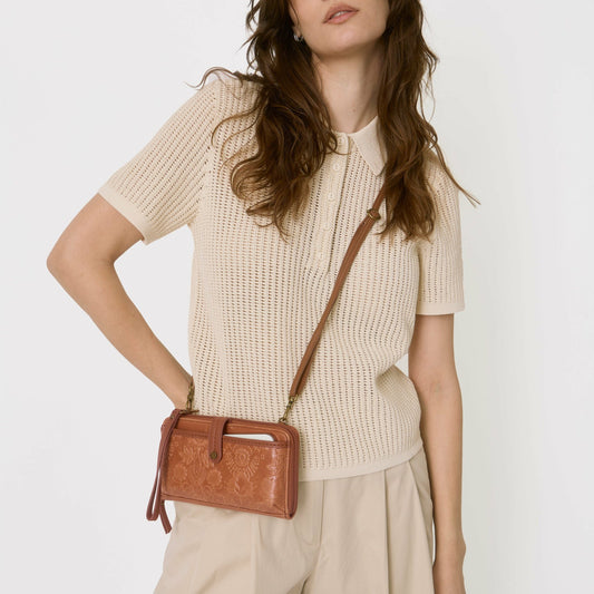 Iris Smartphone Wallet in Tobacco Floral Embossed Leather